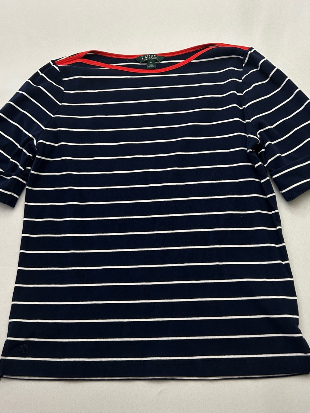 Lauren Ralph Lauren Navy Striped Short-Sleeve Top with Red Trim
